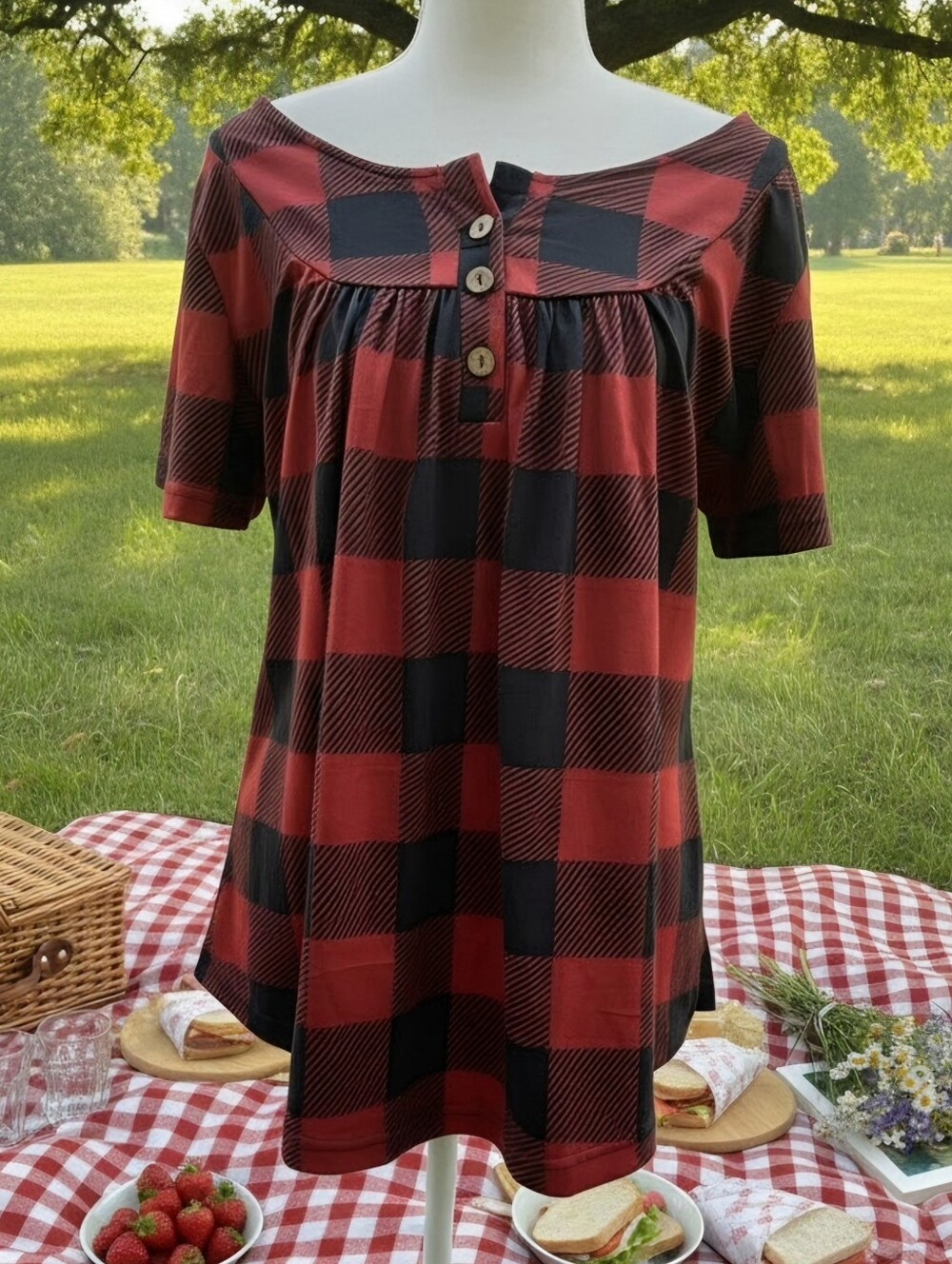 Women's Red & Black Buffalo Plaid Short Sleeve Tunic with Button Detail
